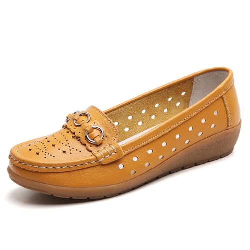 Klassische Penny Loafers für Frauen,Bequeme und leichte Penny-Loafer für Damen zum Hineinschlüpfen, orthopädische Schuhe für Damen,Breathable Leather Breathable Casual Shoes for Women (42,Gelb B) von BAWUTZ