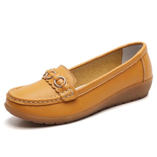 Klassische Penny Loafers für Frauen,Bequeme und leichte Penny-Loafer für Damen zum Hineinschlüpfen, orthopädische Schuhe für Damen,Breathable Leather Breathable Casual Shoes for Women (42,Gelb A) von BAWUTZ