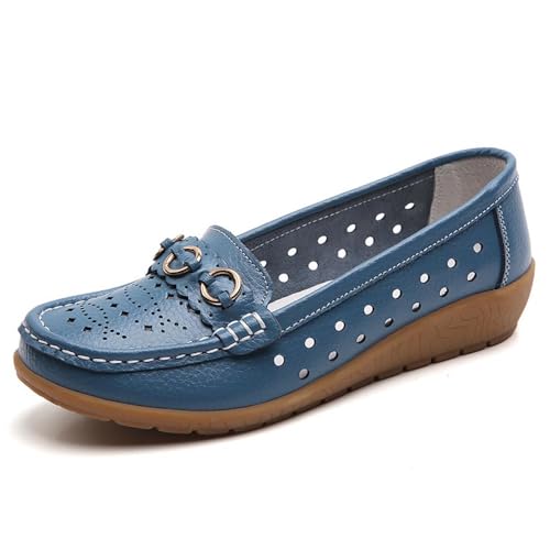 Klassische Penny Loafers für Frauen,Bequeme und leichte Penny-Loafer für Damen zum Hineinschlüpfen, orthopädische Schuhe für Damen,Breathable Leather Breathable Casual Shoes for Women (44,Blau B) von BAWUTZ