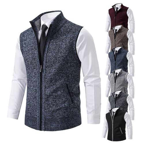 Winter Herrenweste,Herren Weste Strickweste Fleece-Fütterung Ärmellose Strickjacke mit Stehkragen ärmellose Jacke Geeignet zum Radfahren, Laufen, Wandern, Golf, Arbeiten (Blau,L) von BAWUTZ