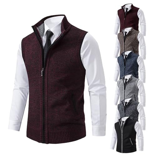 Winter Herrenweste,Herren Weste Strickweste Fleece-Fütterung Ärmellose Strickjacke mit Stehkragen ärmellose Jacke Geeignet zum Radfahren, Laufen, Wandern, Golf, Arbeiten (Rot,XL) von BAWUTZ