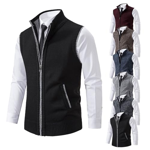 Winter Herrenweste,Herren Weste Strickweste Fleece-Fütterung Ärmellose Strickjacke mit Stehkragen ärmellose Jacke Geeignet zum Radfahren, Laufen, Wandern, Golf, Arbeiten (Schwarz,XXL) von BAWUTZ