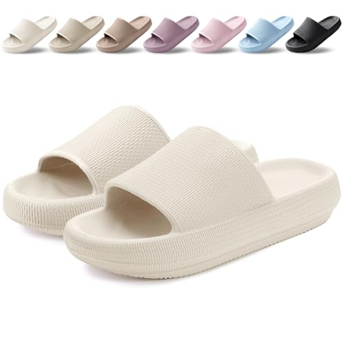 BAXIWUY Badelatschen Damen Badeschuhe Herren Schlappen Badeschlappe Cozislides Original Slippers Rutschfest Hausschuhe Sommer Pantoletten Wolkenschuhe Flip Flops Indoor/Outdoor，Beige，35-36 EU von BAXIWUY