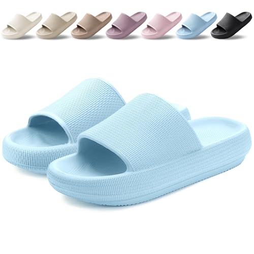 BAXIWUY Badelatschen Damen Badeschuhe Herren Schlappen Badeschlappe Cozislides Original Slippers Rutschfest Hausschuhe Sommer Pantoletten Wolkenschuhe Flip Flops Indoor/Outdoor，Blau，46-47 EU von BAXIWUY