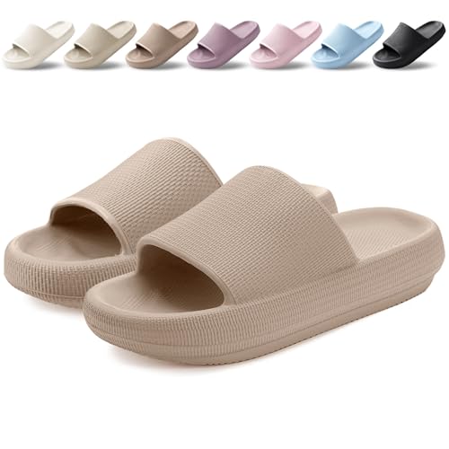 BAXIWUY Badelatschen Damen Badeschuhe Herren Schlappen Badeschlappe Cozislides Original Slippers Rutschfest Hausschuhe Sommer Pantoletten Wolkenschuhe Flip Flops Indoor/Outdoor，Braun，42-43 EU von BAXIWUY
