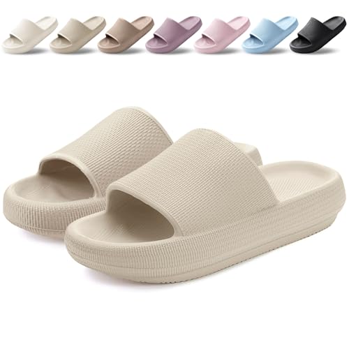 BAXIWUY Badelatschen Damen Badeschuhe Herren Schlappen Badeschlappe Cozislides Original Slippers Rutschfest Hausschuhe Sommer Pantoletten Wolkenschuhe Flip Flops Indoor/Outdoor，Khaki，46-47 EU von BAXIWUY