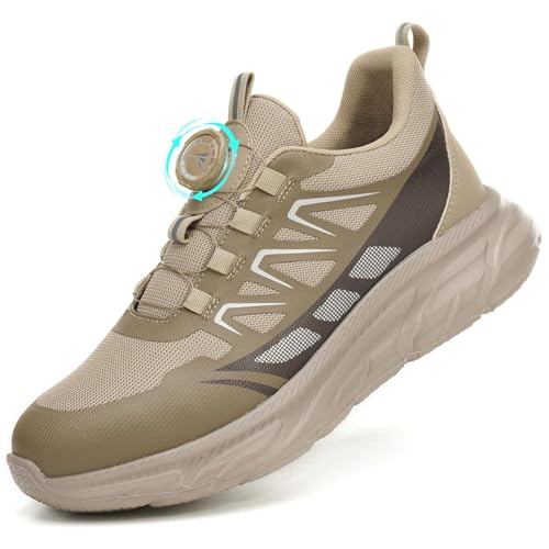BAXIWUY Sicherheitsschuhe Herren Arbeitsschuhe Damen Sportliche Leicht Atmungsaktiv Schnürsenkel Schnellverschluss Drehverschluss Stahlkappenschuhe Khaki, 36 EU von BAXIWUY