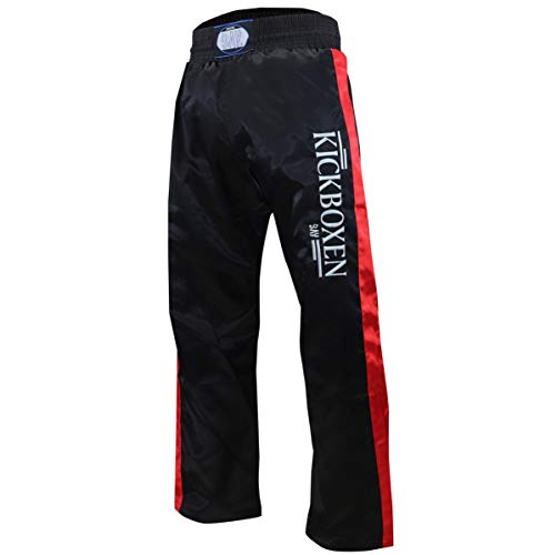 BAY "EDEL Stick Kickboxhose, Größe 120, schwarz mit roten Seitenstreifen, gestickte Schrift Kickboxen, Thaiboxhose lang, Hose Kick-Boxen Thaiboxen Muay Thai, Satinhose, rot von BAY