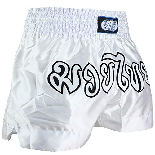 Bay Remy mit traditioneller Thaischrift Thaiboxhose weiß Silber grau S von BAY