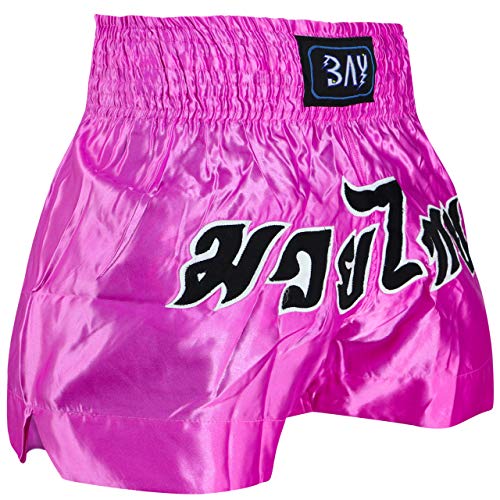 BAY® "REMY pink L mit traditioneller Thaischrift, Thaiboxhose, Thaiboxshort, Hose Short Thaiboxen Muay Thai, Satin, pink, rosa, schwarz, Größe L von BAY