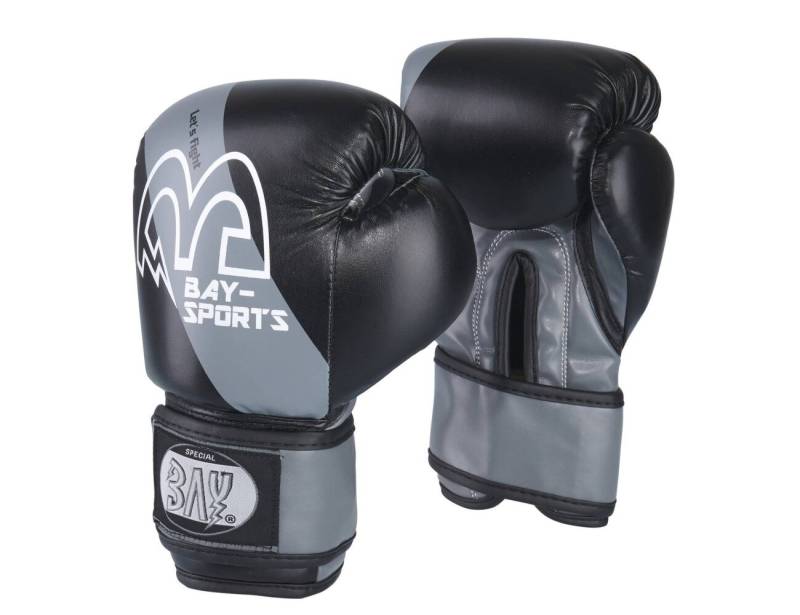 BAY-Sports Boxhandschuhe Mini Fighter Kinderboxhandschuhe Kinder Boxen 6 - 12 Jahre Kickboxen (Mini Fighter, Paar), 6 und 8 Unzen, Klettverschluss, schwarz grau von BAY-Sports