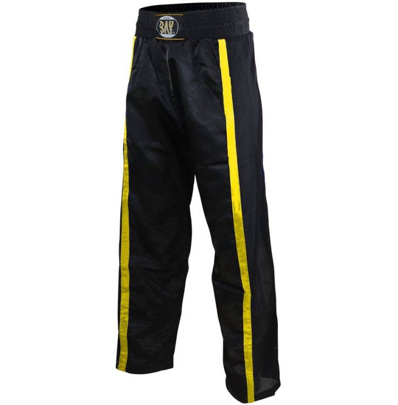 BAY-Sports Sporthose Netz Kickboxhose Hose lang Kickboxen Kampfsport mit Mesh Kick-Boxen (Stück, Mesh Einsätzen) Mesheinsätze, schwarz/gold, für Kinder und Erwachsene von BAY-Sports