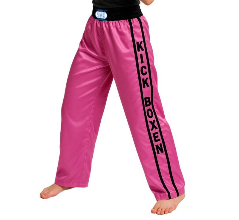 BAY-Sports Sporthose Script Kickboxhose pink rosa schwarz Kinder Damen Hose Kickboxen lang (Stück, Hochwertges Satin) Hochwertig schweres Polyester breiter Bund zusätzlicher Schnürung von BAY-Sports