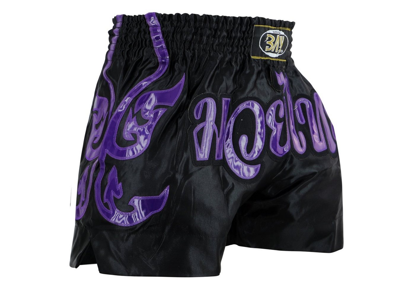 BAY-Sports Sporthose Thaiboxhose Thaiboxen Hose Shorts Muay Thai Kick Laser schwarz/lila (1-tlg) Kixkboxen, MMA, für Kinder und Erwachsene von BAY-Sports