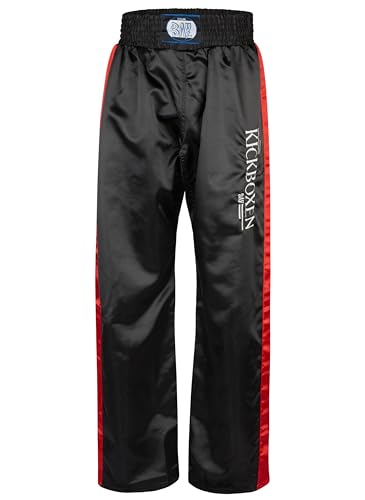 BAY EDEL Stick Kickboxhose, schwarz mit roten Seitenstreifen gestickte Schrift Kickboxen Thaiboxhose lang Hose Kick-Boxen Thaiboxen Muay Thai Satinhose rot (4XS) von BAY