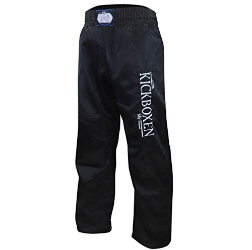 BAY EDEL Stick Kickboxhose komplett Uni schwarz gestickte Schrift Kickboxen Thaiboxhose lang Hose Kick-Boxen Thaiboxen Muay Thai Satinhose rot (XXL) von BAY