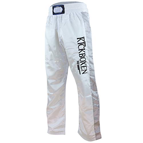 BAY EDEL Stick Kickboxhose weiß mit silbergrauen Seitenstreifen Aufschrift Kickboxen Thaiboxhose lang Hose Kick-Boxen Thaiboxen Muay Thai Satinhose, Silber grau (XL) von BAY