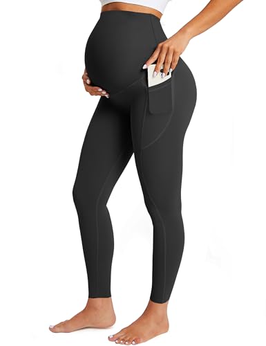 BAYDI Blickdichte Umstandsleggings High Waist Leggings mit Taschen Damen Schwangerschaft Leggings Lang Schwangerschaftshose für Zuhause Yoga Sport von BAYDI