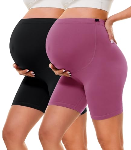 BAYDI Creamlush 2er Pack Umstandshose Kurz - 13 cm Schwangerschaftsleggings mit Verstellbaren Knöpfen Weiche Schwangerschaftshose für Yoga Alltag Zuhause von BAYDI