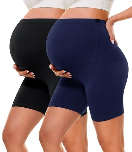 BAYDI Creamlush 2er Pack Umstandshose Kurz - 13 cm Schwangerschaftsleggings mit Verstellbaren Knöpfen Weiche Schwangerschaftshose für Yoga Alltag Zuhause von BAYDI