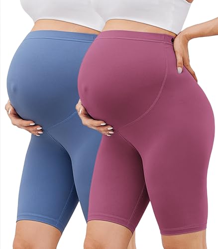 BAYDI Creamlush 2er Pack Umstandshose Kurz - 20 cm Weiche Umstands Radlerhose für Yoga Zuhause Schlafanzug Schwangerschaftsleggings von BAYDI