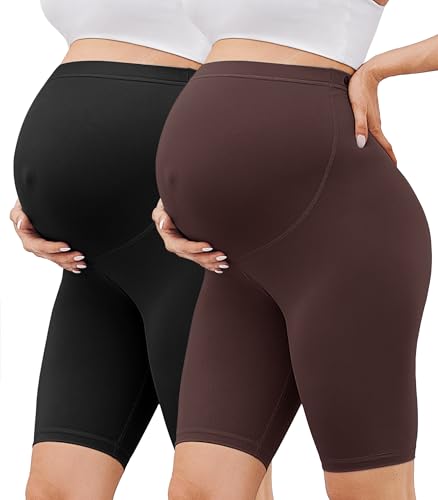BAYDI Creamlush 2er Pack Umstandshose Kurz - 20 cm Weiche Umstands Radlerhose für Yoga Zuhause Schlafanzug Schwangerschaftsleggings von BAYDI