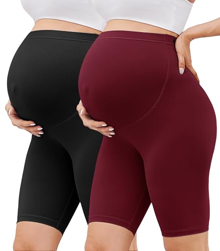 BAYDI Creamlush 2er Pack Umstandshose Kurz - 20 cm Weiche Umstands Radlerhose für Yoga Zuhause Schlafanzug Schwangerschaftsleggings von BAYDI