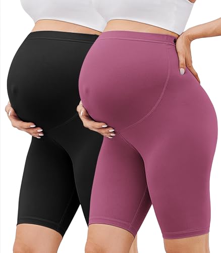 BAYDI Creamlush 2er Pack Umstandshose Kurz - 20 cm Weiche Umstands Radlerhose für Yoga Zuhause Schlafanzug Schwangerschaftsleggings von BAYDI
