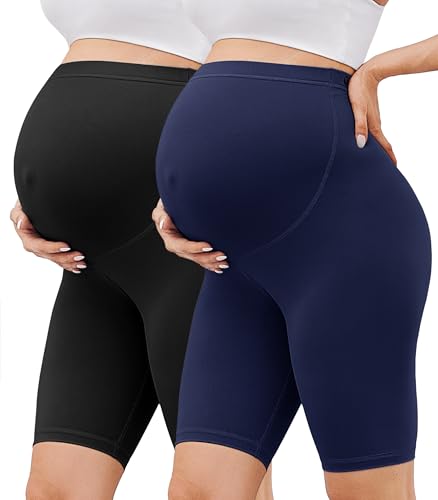 BAYDI Creamlush 2er Pack Umstandshose Kurz - 20 cm Weiche Umstands Radlerhose für Yoga Zuhause Schlafanzug Schwangerschaftsleggings von BAYDI