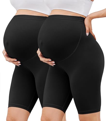 BAYDI Creamlush 2er Pack Umstandshose Kurz - 20 cm Weiche Umstands Radlerhose für Yoga Zuhause Schlafanzug Schwangerschaftsleggings von BAYDI