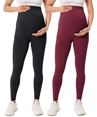 BAYDI Creamlush Damen Schwangerschaftsleggings mit Verstellbarer Bauchstütze Weiche High Waist Umstandsleggings Blickdichte Umstandshose Bequem für Yoga Freizeit Schlafanzug von BAYDI