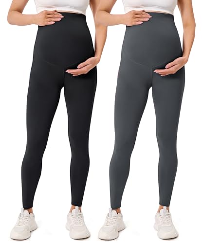 BAYDI Creamlush Damen Schwangerschaftsleggings mit Verstellbarer Bauchstütze Weiche High Waist Umstandsleggings Blickdichte Umstandshose Bequem für Yoga Freizeit Schlafanzug von BAYDI