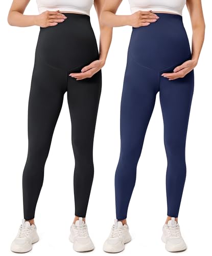 BAYDI Creamlush Damen Schwangerschaftsleggings mit Verstellbarer Bauchstütze Weiche High Waist Umstandsleggings Blickdichte Umstandshose Bequem für Yoga Freizeit Schlafanzug von BAYDI