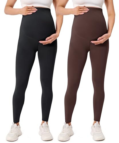 BAYDI Creamlush Damen Schwangerschaftsleggings mit Verstellbarer Bauchstütze Weiche High Waist Umstandsleggings Blickdichte Umstandshose Bequem für Yoga Freizeit Schlafanzug von BAYDI
