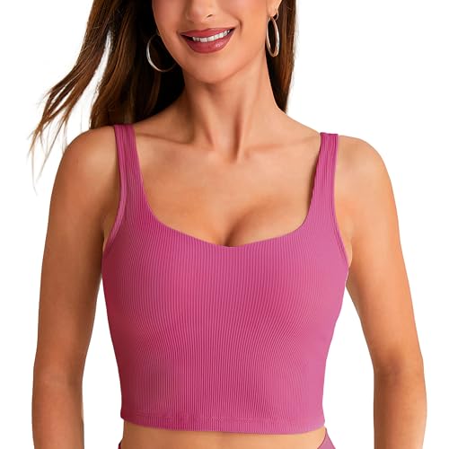 BAYDI Damen Sport BH ohne Buegel Langlinie Bustier Gepolstert Crop Top Gerippte Yoga Fitness Soft Bra mit Abnehmbaren Cups Beere von BAYDI