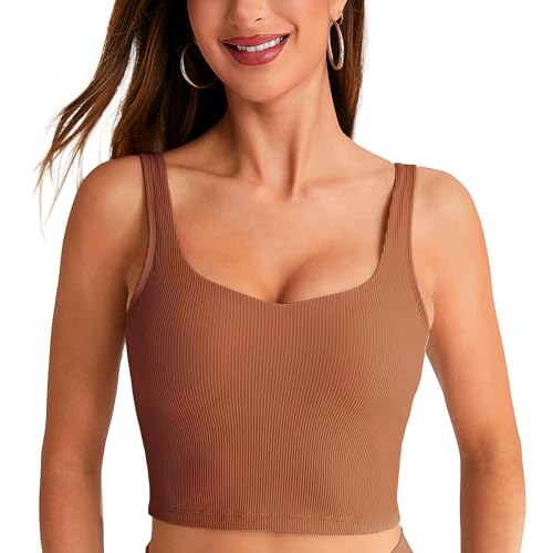 BAYDI Damen Sport BH ohne Buegel Langlinie Bustier Gepolstert Crop Top Gerippte Yoga Fitness Soft Bra mit Abnehmbaren Cups Braun von BAYDI