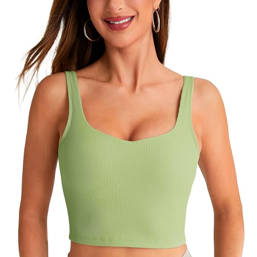 BAYDI Damen Sport BH ohne Buegel Langlinie Bustier Gepolstert Crop Top Gerippte Yoga Fitness Soft Bra mit Abnehmbaren Cups Grün von BAYDI