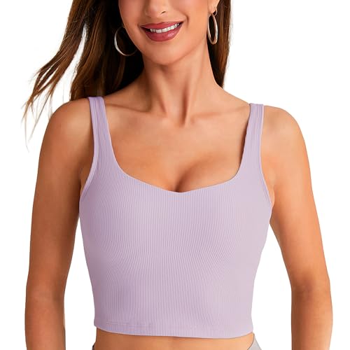 BAYDI Damen Sport BH ohne Buegel Langlinie Bustier Gepolstert Crop Top Gerippte Yoga Fitness Soft Bra mit Abnehmbaren Cups Lila von BAYDI