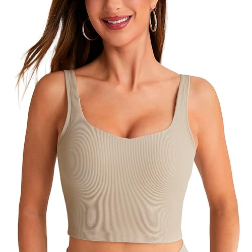 BAYDI Damen Sport BH ohne Buegel Langlinie Bustier Gepolstert Crop Top Gerippte Yoga Fitness Soft Bra mit Abnehmbaren Cups Salbei von BAYDI