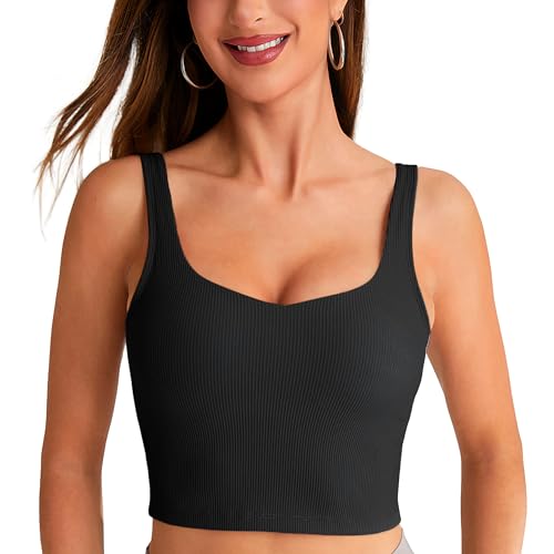 BAYDI Damen Sport BH ohne Buegel Langlinie Bustier Gepolstert Crop Top Gerippte Yoga Fitness Soft Bra mit Abnehmbaren Cups Schwarz von BAYDI