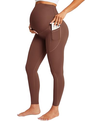 BAYDI Damen Umstandsleggings mit Taschen Blickdichte Lange Schwangerschaftsleggings High Waist Umstandshose Damen Weich elastisch Schwangerschaftshose von BAYDI