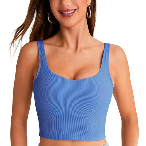 BAYDI Longline Gepolsterter Sport-BH mit V-Ausschnitt, Workout-Tops für Damen, Tanktops mit integriertem BH, gerippte Yoga-BHs, Dream Blue, Large von BAYDI