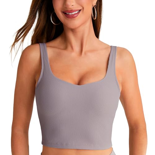 BAYDI Longline Gepolsterter Sport-BH mit V-Ausschnitt, Workout-Tops für Damen, Tanktops mit integriertem BH, gerippte Yoga-BHs, Lavendelgrau, X-Large von BAYDI