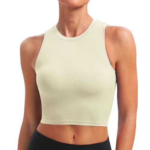 BAYDI Sport BH Damen ohne Buegel Bustier Abnehmbare Gepolsterte Crop-Tops Hochgeschlossenes Tanktop Yoga Fitness Soft Bra Elfenbeinweiß von BAYDI