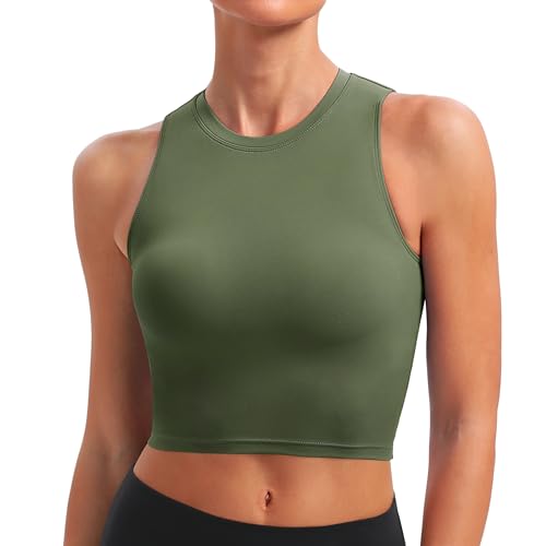 BAYDI Sport BH Damen ohne Buegel Bustier Abnehmbare Gepolsterte Crop-Tops Hochgeschlossenes Tanktop Yoga Fitness Soft Bra Oliv von BAYDI