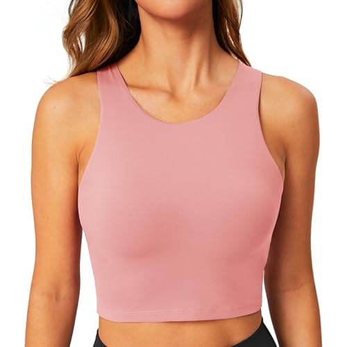 BAYDI Sport BH Damen ohne Buegel Bustier Hochgeschlossenes Crop Top Racerback Tanktops Abnehmbare Polsterung Yoga Bra Koralle von BAYDI