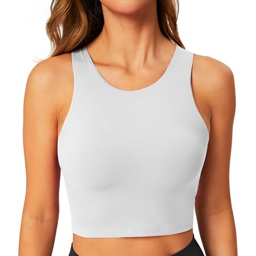 BAYDI Sport BH Damen ohne Buegel Bustier Hochgeschlossenes Crop Top Racerback Tanktops Abnehmbare Polsterung Yoga Bra Weiß von BAYDI