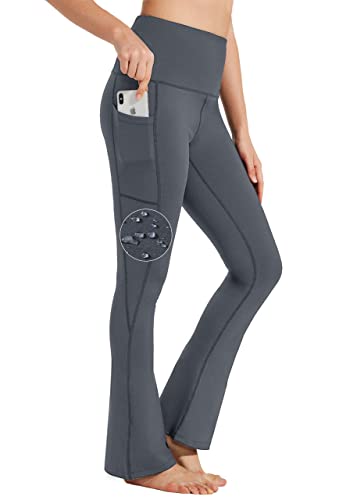 BAYGE Damen Bootcut Yogahose Hohe Taille Wasserdicht Blickdicht Bauchkontrolle Slim Fit Leggings Sporthose Schlaghose Sweathose Fitnesshose mit Taschen, Grau, XS von BAYGE