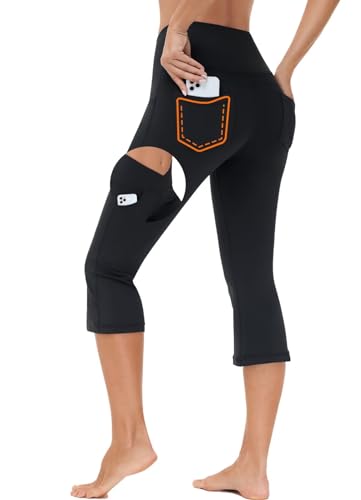 BAYGE Damen Bootcut Yogahose 3/4 V-Crossover Hight Waist Wasserdicht Blickdicht Bauchkontrolle Slim Fit Flared Leggings Sporthose Jeggings Schlaghose Sweathose Arbeitshose mit Taschen, Schwarz, L von BAYGE