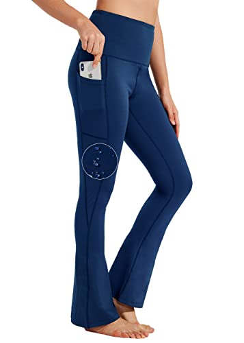 BAYGE Damen Bootcut Yogahose Hohe Taille Wasserdicht Blickdicht Bauchkontrolle Slim Fit Leggings Sporthose Schlaghose Sweathose Fitnesshose mit Taschen, Blau, S von BAYGE